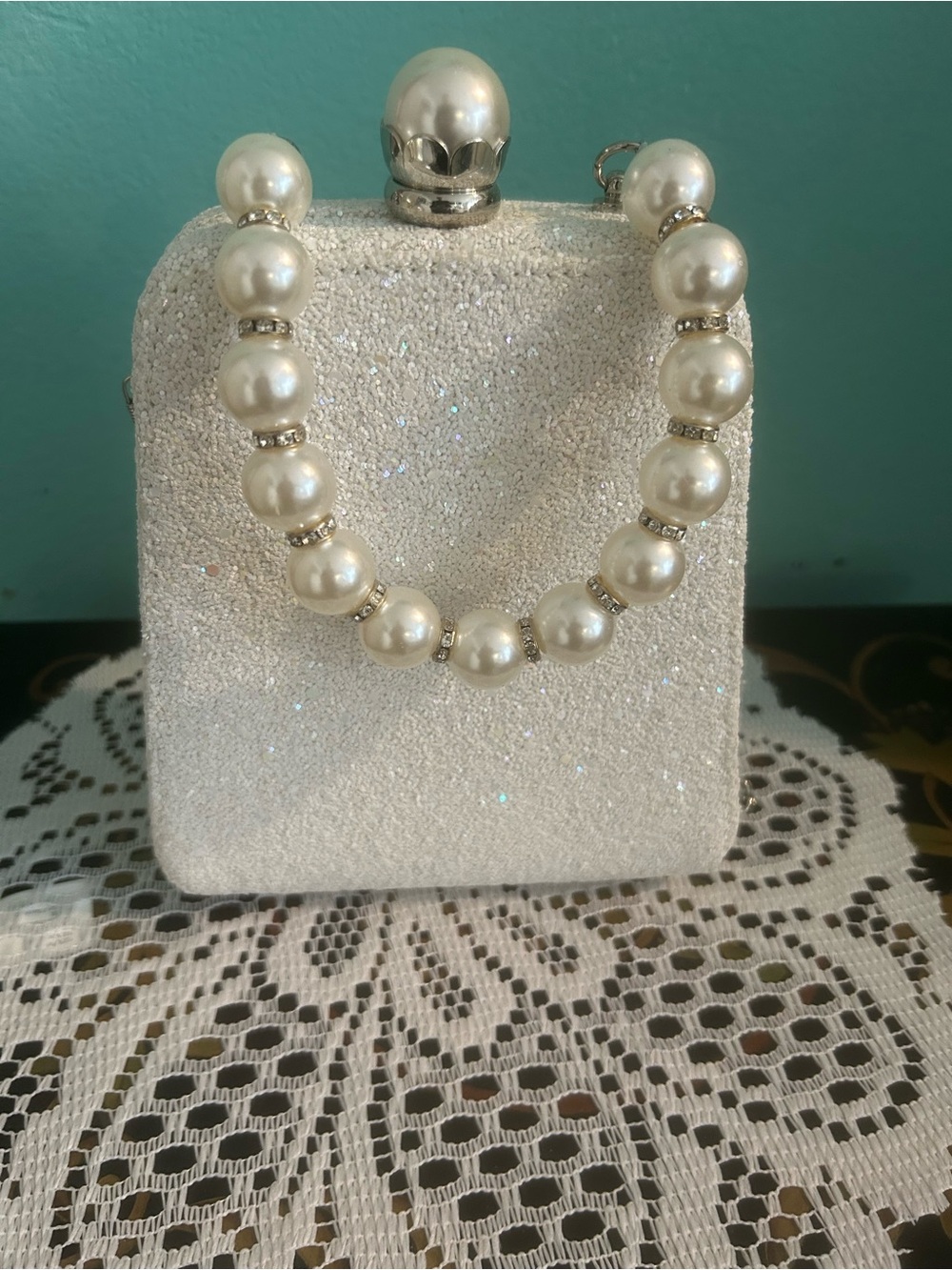 Nina Pearl-Embellished White Glitter Clutch